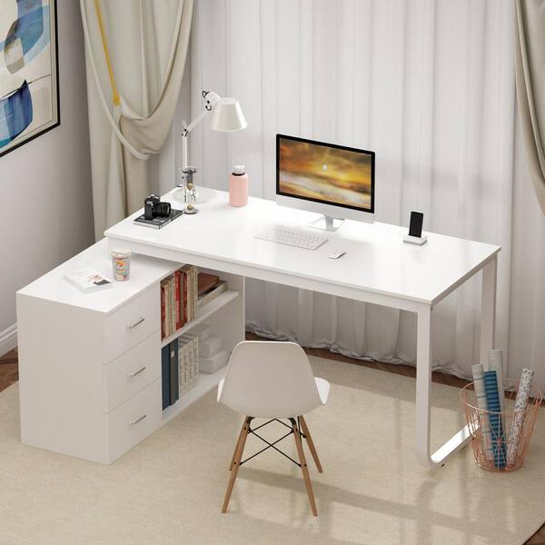 55 1 In L Shaped White Wood Writing, L Shaped Office Desk With Storage Shelves
