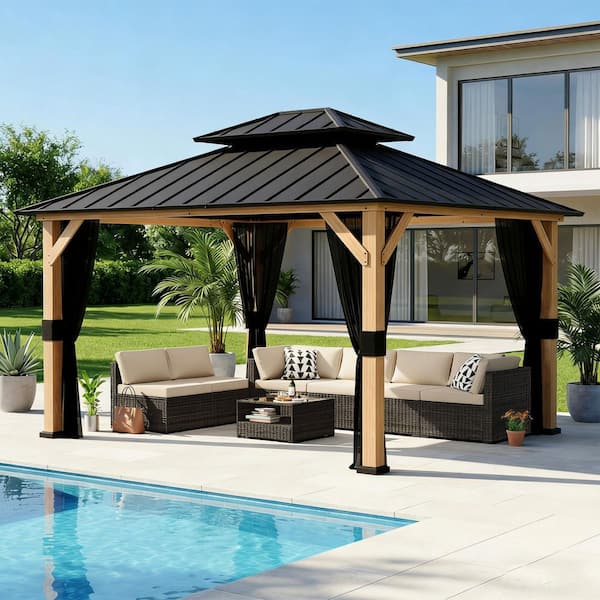 13 ft. x 11 ft. Wood Frame Outdoor Patio Hardtop Gazebo with Double Galvanized Steel Roof and Mosquito Netting