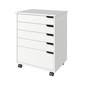 Euro 4+1 Drawer White Solid Wood 20.75 in. Wide Roll Cart File Cabinet