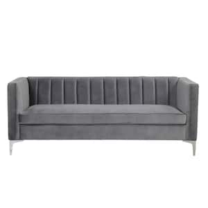 HomeDepot Collection 71 in. Wide Square Arm Velvet Mid-Century   Square Sofa with Channel Tufted 3-Seater Couch in Gray