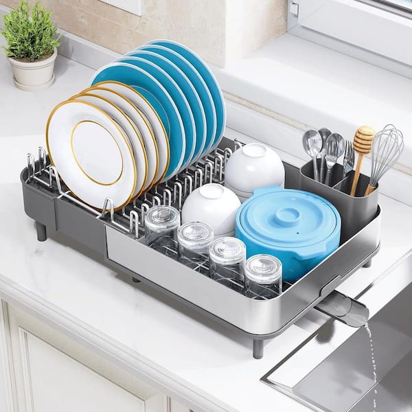 Gray 304 Stainless Steel with Removable Utensil Holder and Drain Board for Kitchen Dish Rack