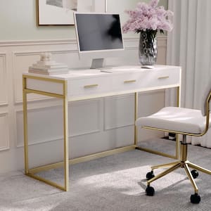 47 in. Rectangle White/Polished Brass Engineered Wood 3-Drawers Computer Desk