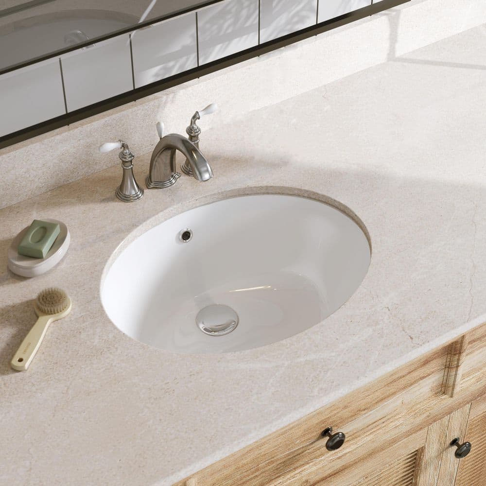 White Ceramic Oval Undermount Bathroom Sink with Overflow
