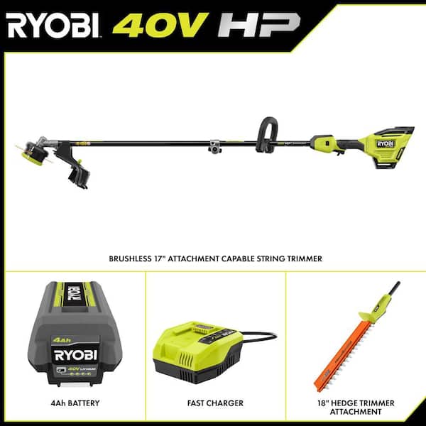 40V HP Brushless Whisper Series 17" Cordless Attachment Capable String Trimmer w/ Hedge Trimmer, 4 Ah Battery & Charger