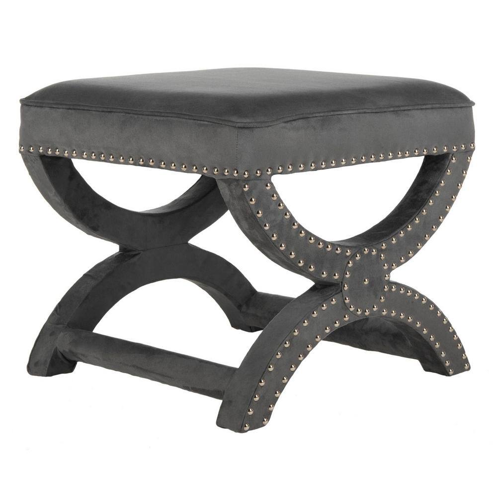 Gray Velvet Ottoman with Silver Nailhead Trim