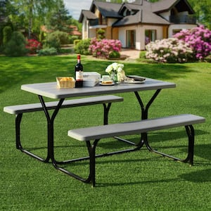 Gray Rectangular Plastic Outdoor Picnic Table with 2 Bench