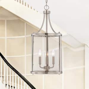 Penrose 12 in. W x 26 in. H 3-Light Satin Nickel Candlestick Pendant Light with Clear Glass Shade