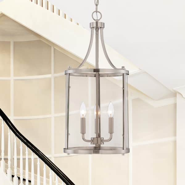 Savoy House Penrose 12 in. W x 26 in. H 3-Light Satin Nickel Candlestick Pendant Light with Clear Glass Shade