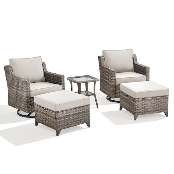 5-Piece Patio Gray Wicker Outdoor Rocking Chair Sets with Side Table and Beige Cushions, Chat Set
