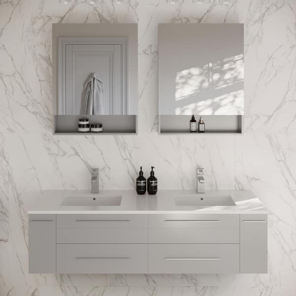 Fresca Lucera 60 in. Double Sink Wall Mount Gray Bath Vanity with White Quartz Top, Undermount Sinks and Medicine Cabinets