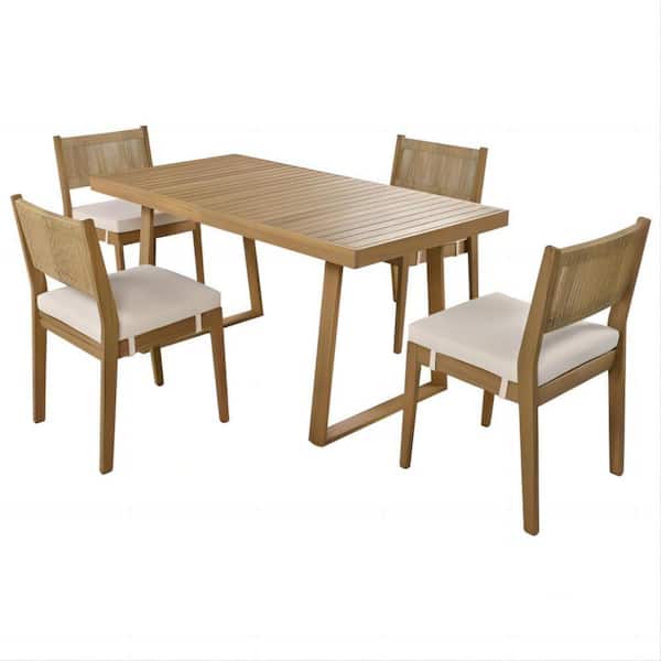 Clihome 5-Piece Acacia Wood Outdoor Dining Table and Chair Set with Beige thick Cushions suitable for Vourtyard and Garden