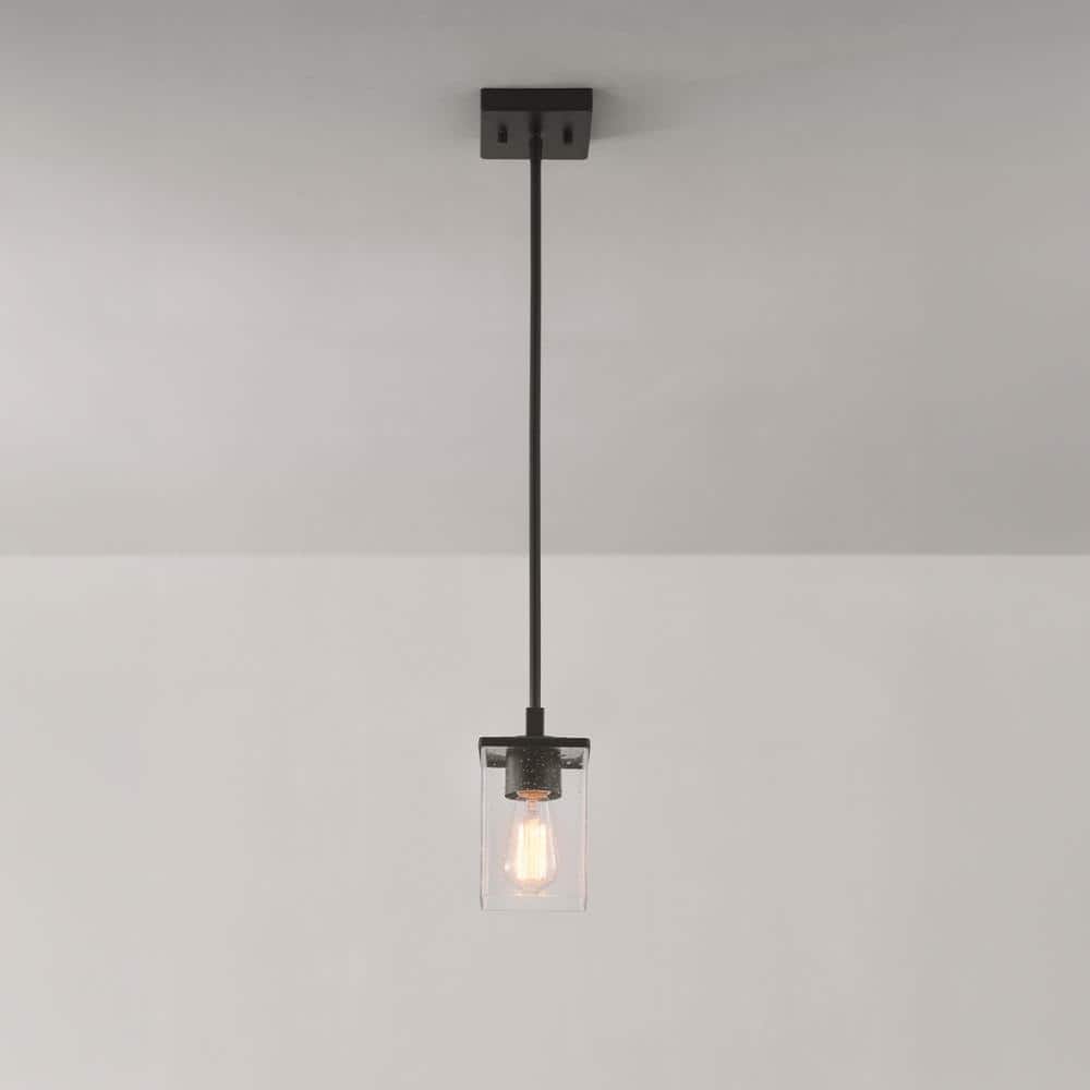 Matte Black Cylinder Pendant Light with Seeded Glass Shade