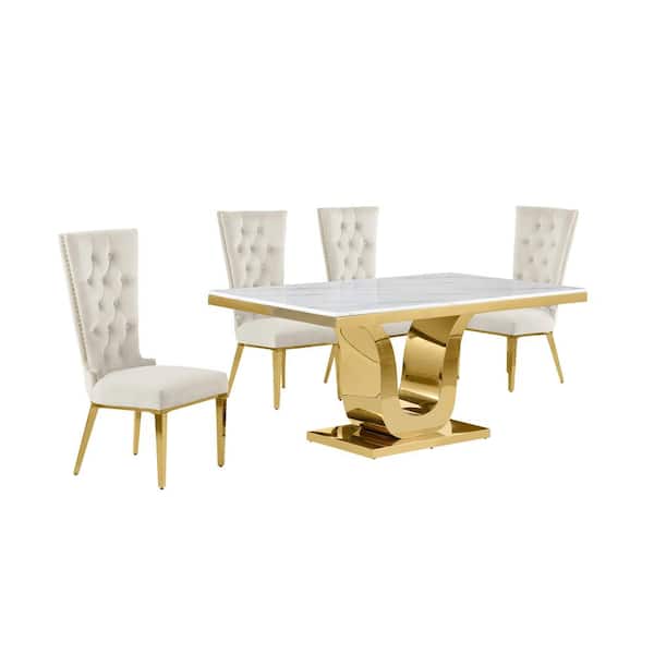 Best Quality Furniture Ada 5-Piece Rectangle White Marble Top Gold Stainless Steel Dining Set 4 Cream Velvet Fabric Chairs