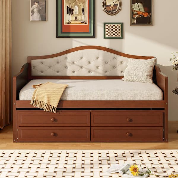 Guide Brown Linen Upholstered Twin Size Daybed with Trundle, 2 Storage Drawers, Tufted Backrest, Walnut