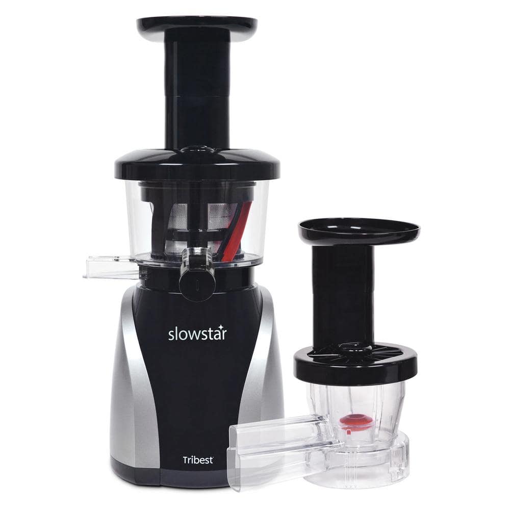 Tribest Slowstar 24 fl. oz. Black and Silver Vertical Cold Press Juicer with Mincing Attachment, Silver/Black
