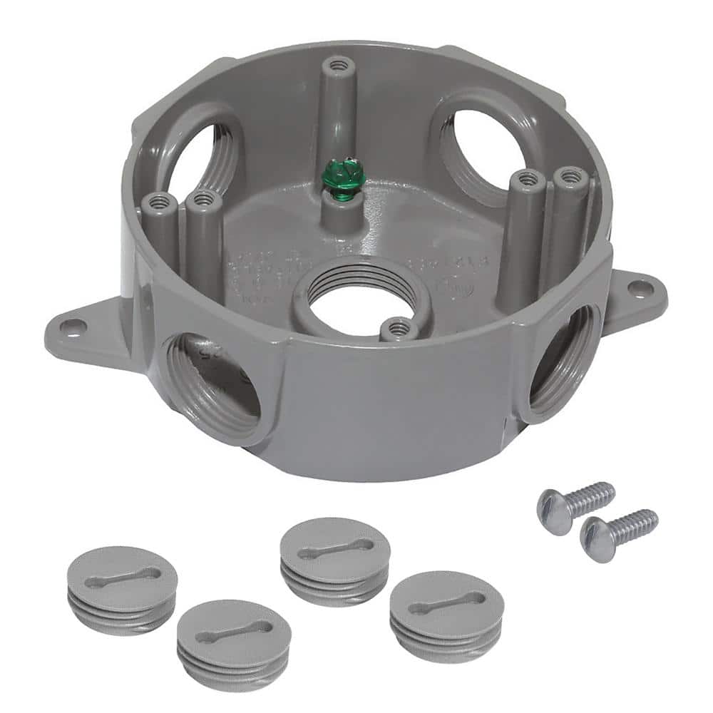 Round Metal Weatherproof Electrical Outlet Box with (5) 3/4 inch Holes, Gra
