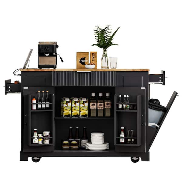 Black 54 in. Outdoor Kitchen Island Grill Cart with Wood Tabletop and Storage Cabinet