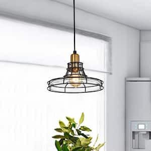 Paris 1-Light Black and Antique Gold Industrial Pendant with Black Cage and Clear Glass Shade