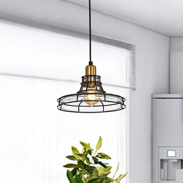 Edvivi Paris 1-Light Black and Antique Gold Industrial Pendant with Black Cage and Clear Glass Shade