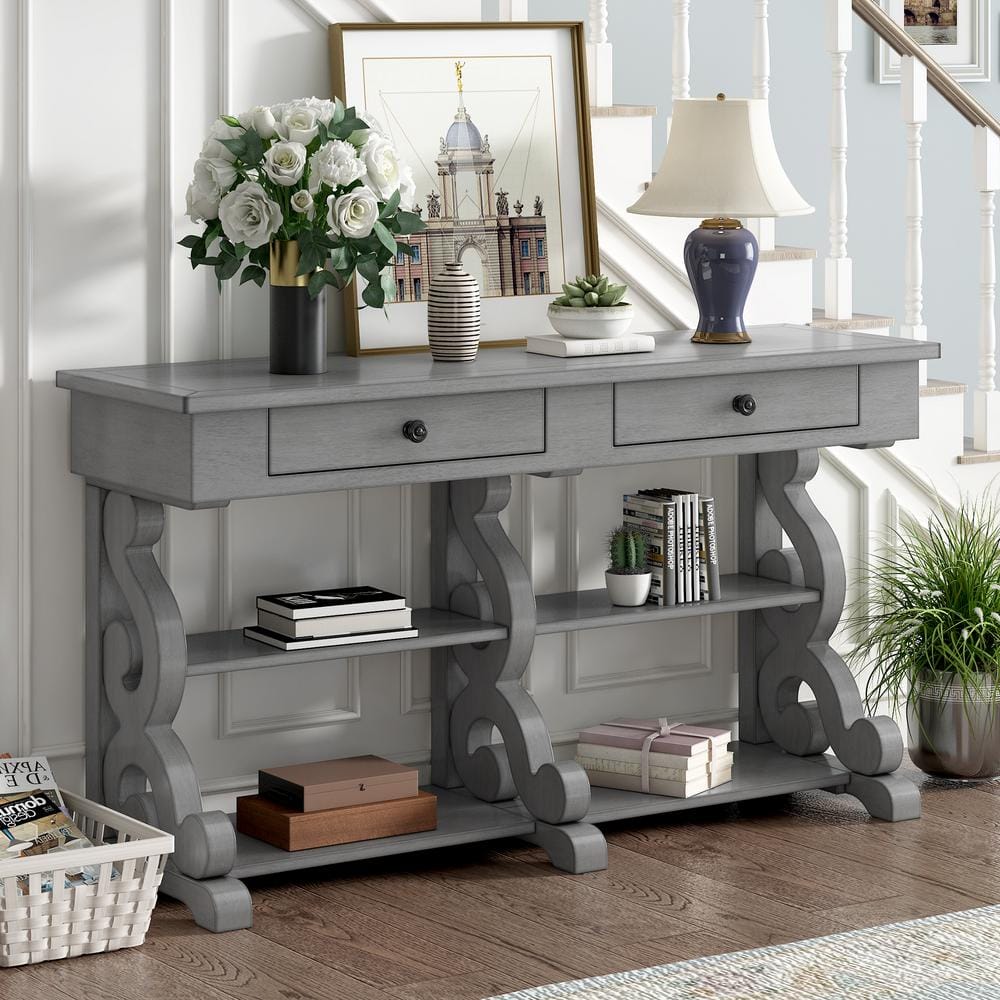 Qualler 54 in. Gray Rectangle Wood Console Table with Shelves and ...
