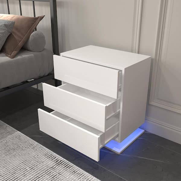 IDEAGLE White 3-Drawers 19.67 in. W Nightstand with LED Lights, Bedside End Table with Storage for Bedroom