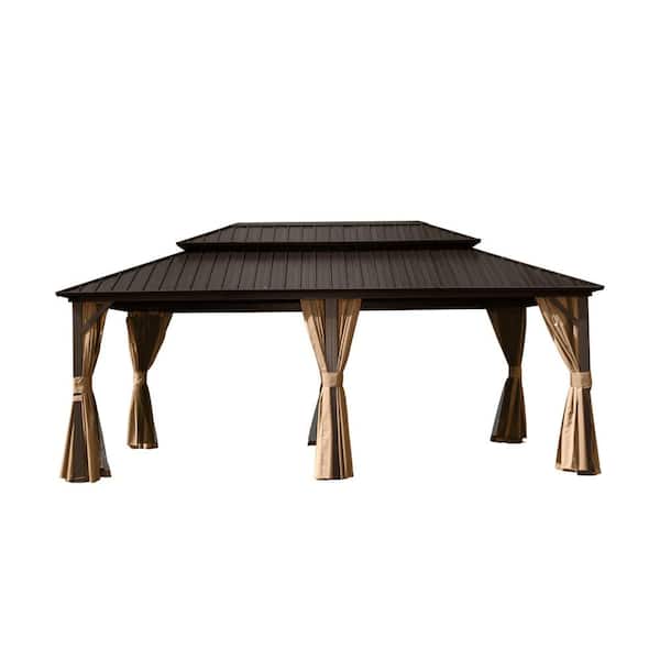 Coporesell 12 ft. x 20 ft. Outdoor Brown Aluminum Hardtop Gazebo with Galvanized Steel Double Roof with Curtain and Netting