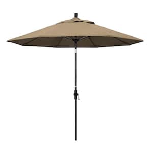 9 ft. Matted Black Aluminum Market Patio Umbrella with Collar Tilt Crank Lift in Heather Beige Sunbrella
