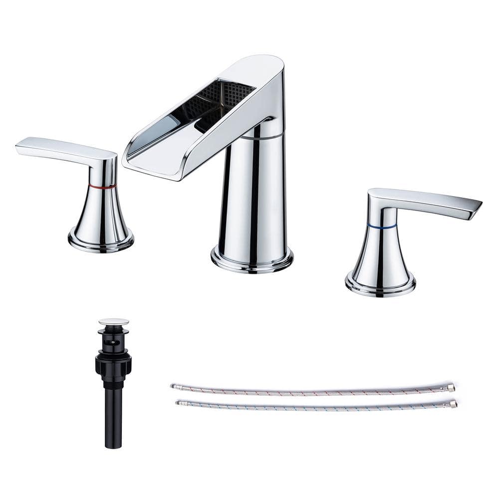 Waterfall 8 in. Widespread Double Handle Bathroom Faucet with Drain Assembly in Polished Chrome price history on PriceWatchPro