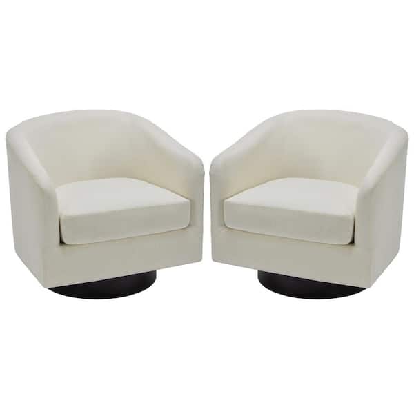 Uixe Modern Beige Polyester Upholstered 360-Degree Swivel Accent Arm Chair With Wood Base(Set of 2)