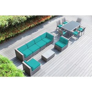 Ohana Gray 14-Piece Wicker Patio Conversation Set with Stackable Dining Chairs and Sunbrella Aruba Cushions