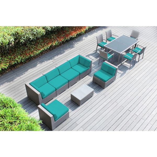 Ohana Depot Ohana Gray 14-Piece Wicker Patio Conversation Set with Stackable Dining Chairs and Sunbrella Aruba Cushions