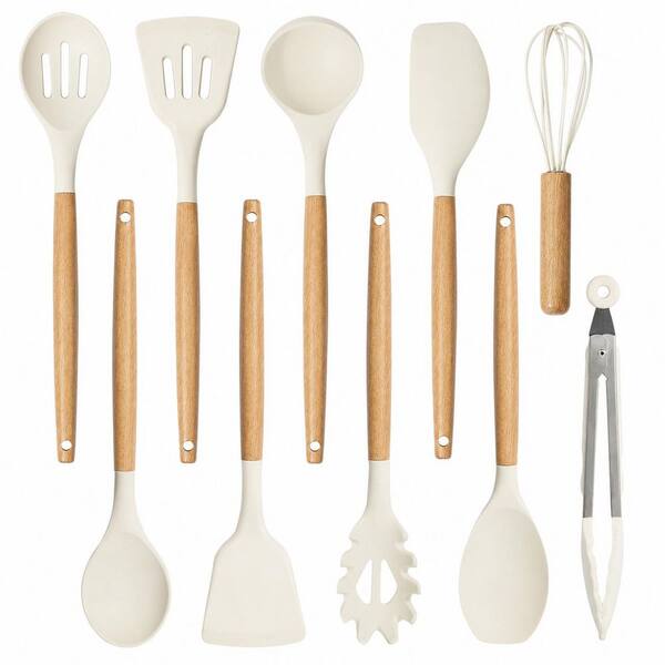 Food Grade Silicone Kitchen Utensils Set 10 Pcs Cooking Tools Heat Resistant Wood Handle Nonstick Cookware Safe, White