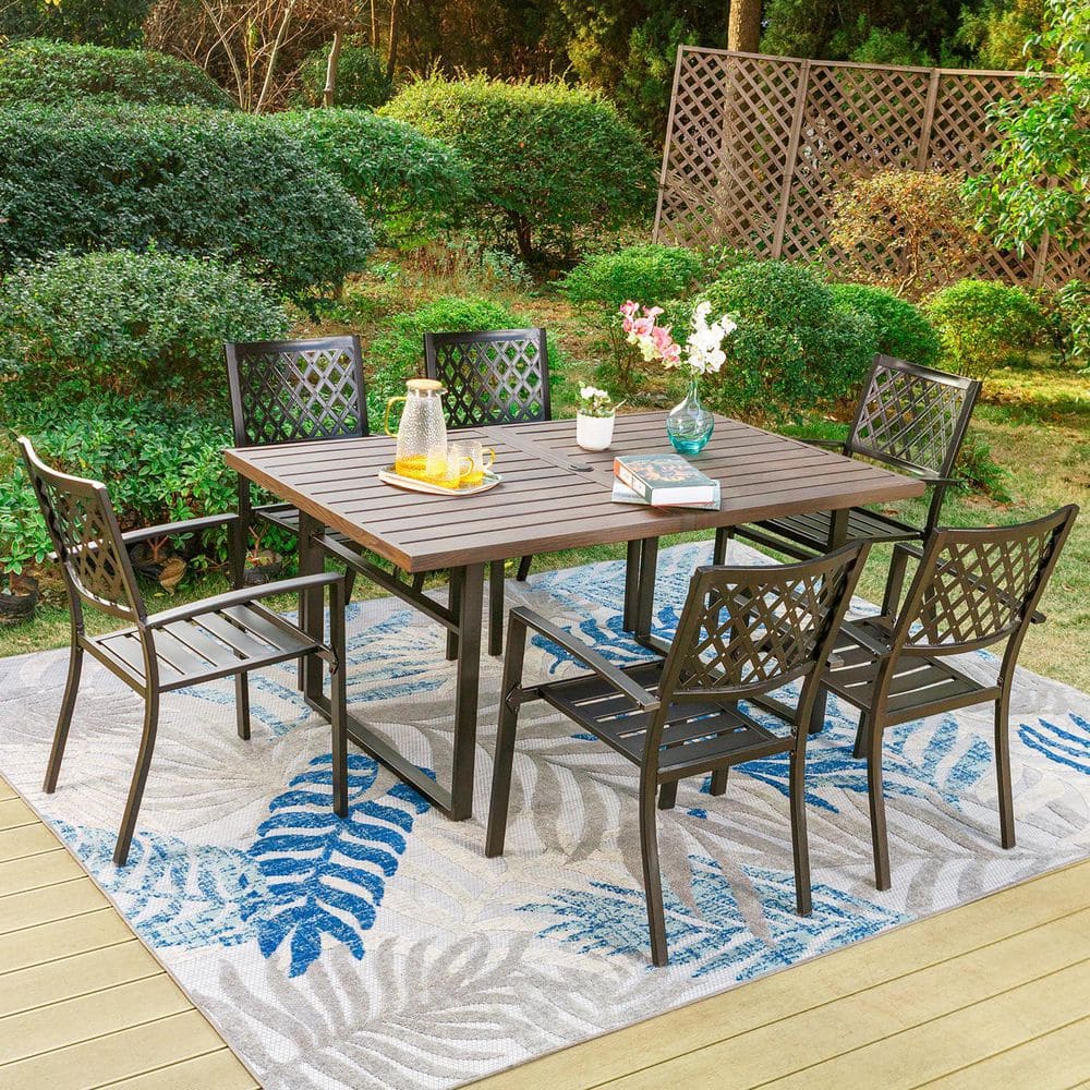 PHI VILLA 7-Piece Metal Outdoor Dining Set with Dark Brown Rectangular ...