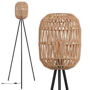 61 in. H Matte Black Mid Century 1-Light Tripod Floor Lamp for Living Room with Twine Rattan Rope Drum Shade