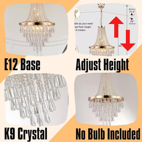 LuxeGleam Series 11-Light Gold Finish Crystal Tiered Pendant Chandelier Round Chandelier for Dining Room or Entryway