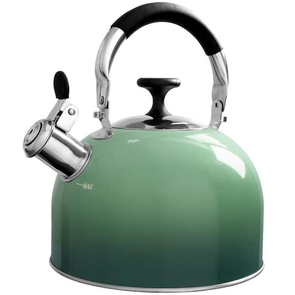 2.5 qt. 10-Cup Green Stainless Steel Whistling Tea Kettle for Stove Top with Folding Handle, Food Grade Water Teapot
