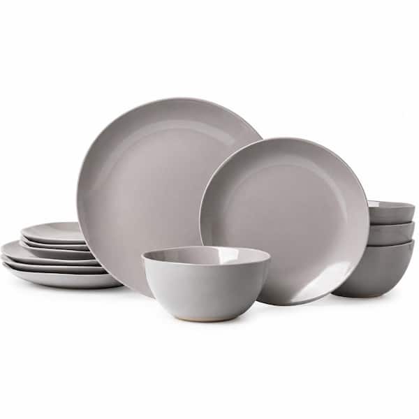 Modern Minimalist 18-Piece Grey Stoneware Dinnerware Set Service for Six Lead-Free Stackable Microwave Safe