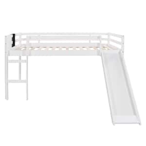 White Full Size Wood Loft Bed with Slide and Chalkboard, Low Floor Kids Loft Bed Frame with Slide and Ladder