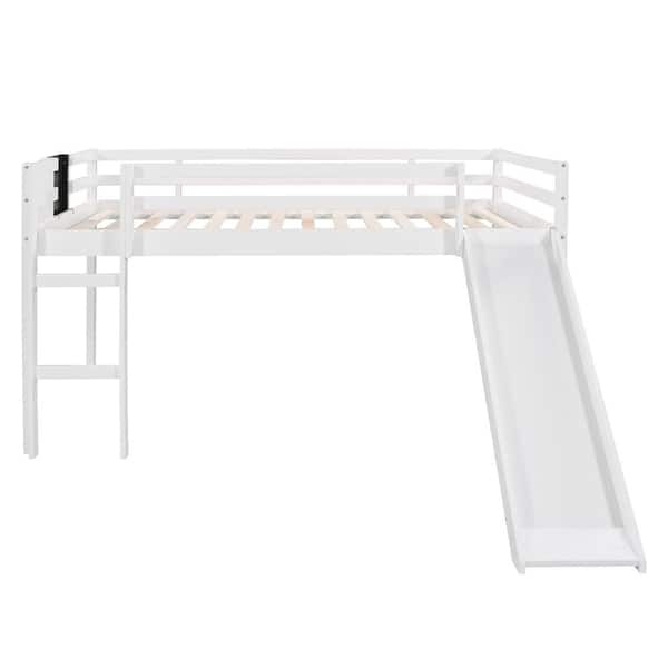 ANBAZAR White Full Size Wood Loft Bed with Slide and Chalkboard, Low Floor Kids Loft Bed Frame with Slide and Ladder