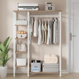 Heavy Duty Open Garment Clothing Rack, Oak Free-Standing Storage Closet for Small Spaces, with 5 Shelves and Hanging Rod