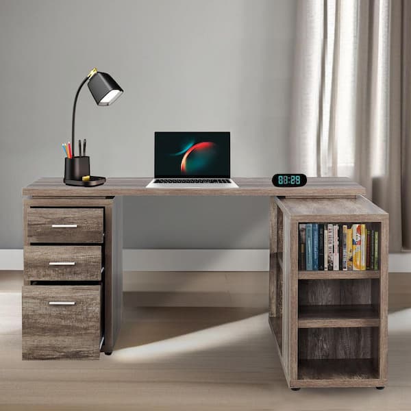 MAYKOOSH Natural 24 in. L-Shaped Desk with Drawers, L-Shaped Office Desk, L-Shaped Computer Desk, Corner-L with Drawers