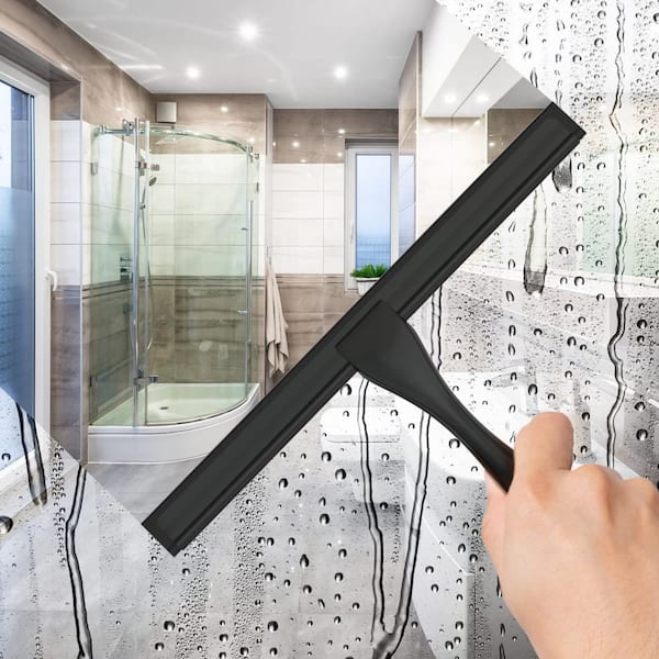 10 in. Black Stainless Steel Shower Squeegee with 2 Adhesive Hooks