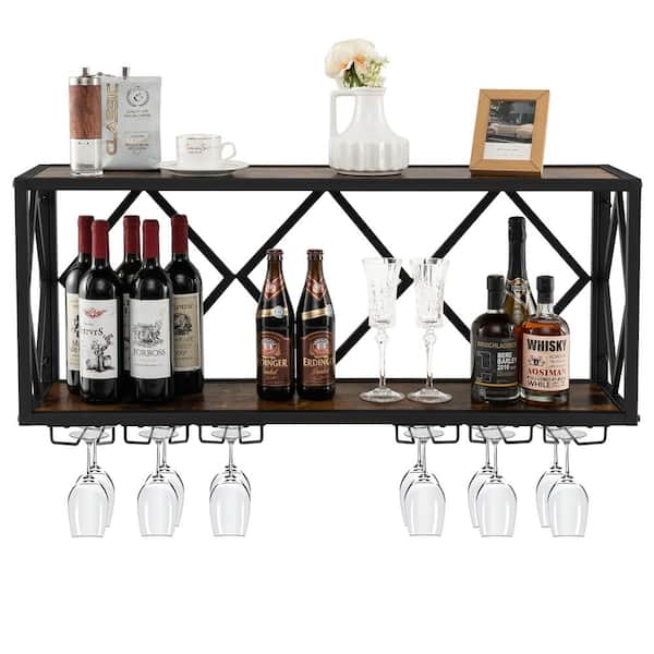 UNDER CABINET Mounted Rustic Wood Wine Rack Hanging Stemware Glass Holder  Organizer Bar Unique Cabinet Mounted 
