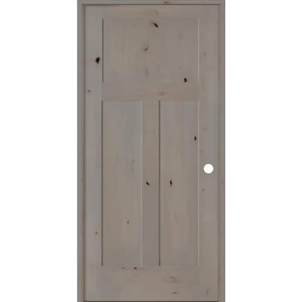 Krosswood Doors 28 in. x 80 in. Craftsman Knotty Alder 3-Panel Left-Handed Grey Stain Solid Wood Single Prehung Interior Door