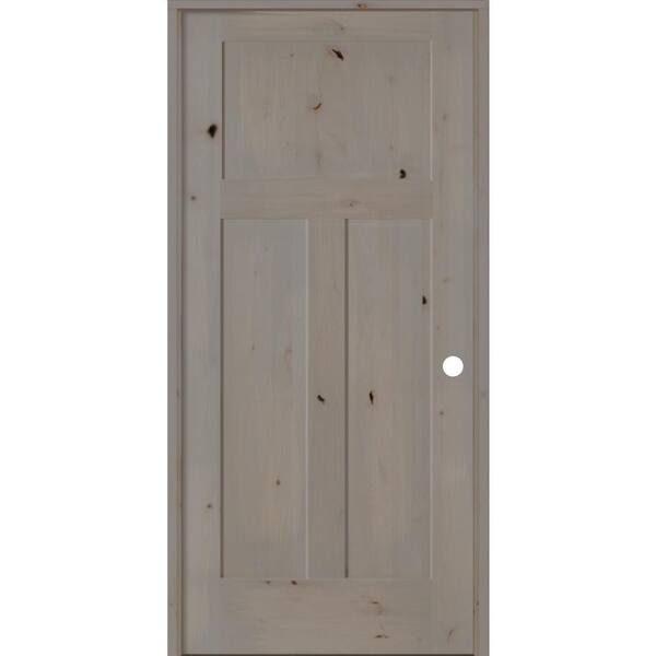 Krosswood Doors 30 in. x 80 in. Craftsman Knotty Alder 3-Panel Left-Handed Grey Stain Solid Wood Single Prehung Interior Door