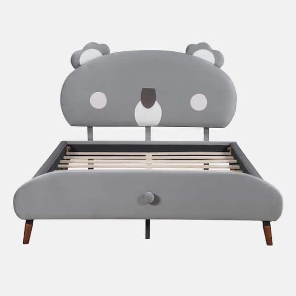 wetiny Gray Plywood Frame Full Size Upholstered Platform Bed with Koala-Shaped Headboard