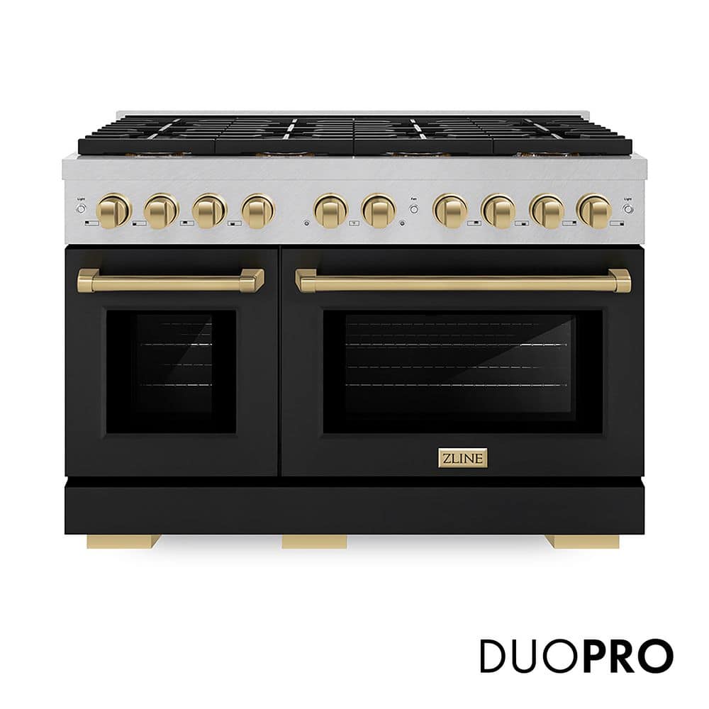 ZLINE Kitchen and Bath Autograph 48 in 6.7 cu. ft. Gas Range with 8-Burner DuoPro Cooktop and Dual Oven in Satin with Black Matte and Champagne