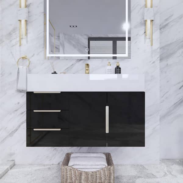 Bethany 36 in. W x 20 in. D x 22 in. H Single Sink Floating Bath Vanity in Gloss Black with White Acrylic Top