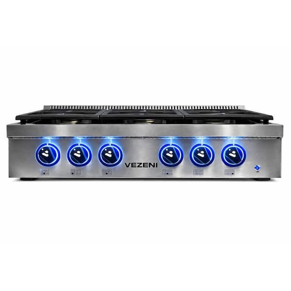 Randolph Pro 36 in. 6 Burners Burner Grate Natural Gas Cooktop in Stainless Steel, Blue Knobs