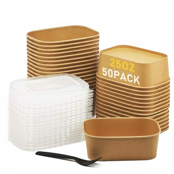 Cardboard Disposable Meal Prep Containers with Lids and Forks 50 Pack for Hot or Cold Food Take Out Bowls